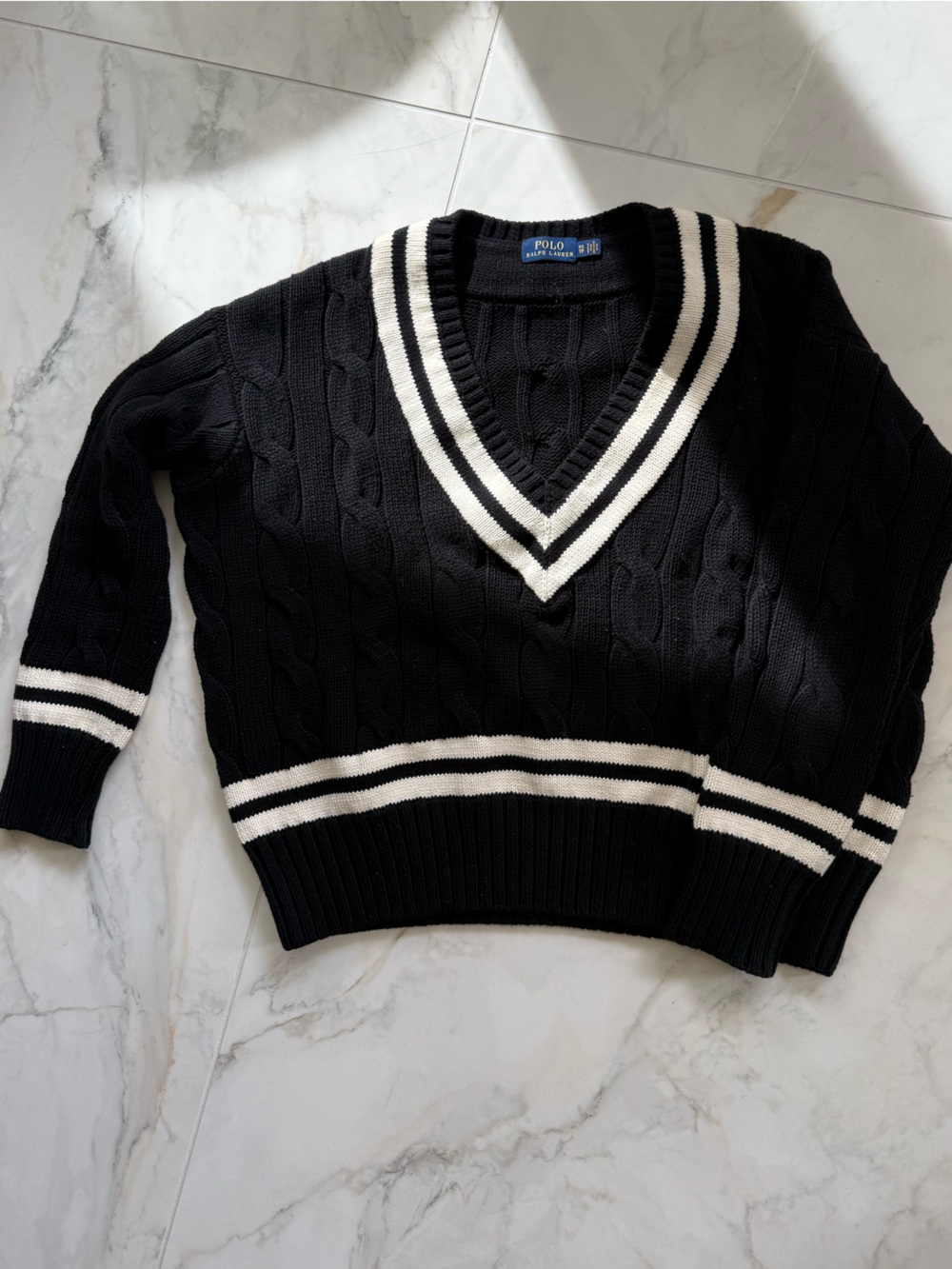 Polo by Ralph Lauren Black V-Neck Cable Knit Sweater with White Stripes